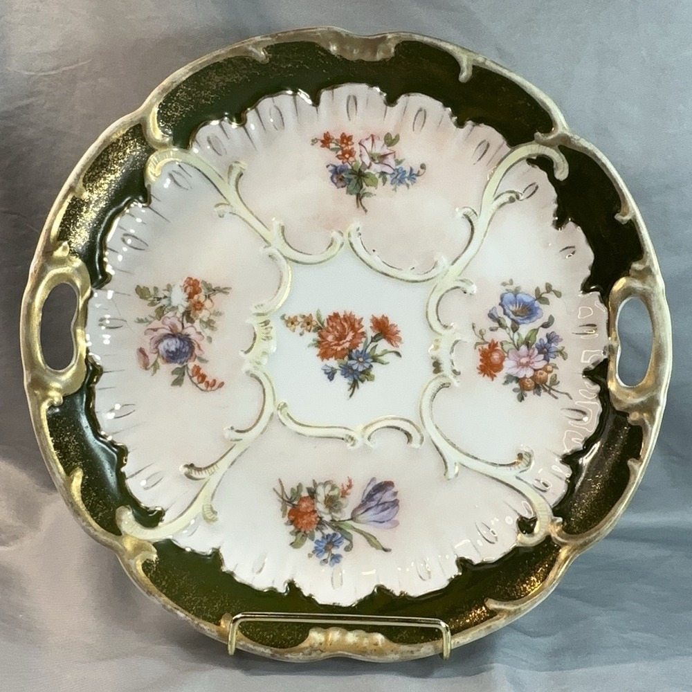 Antique Victorian Handled Cake Plate Pattern 930 Forest Green Stipple Gilt 10.5"